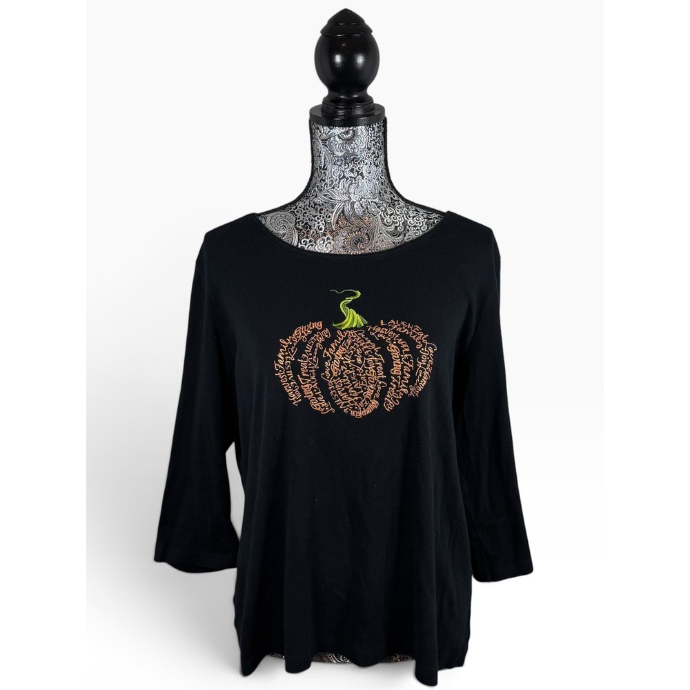 Karen Scott XL Black Pumpkin Thanksgiving Fall 100% Cotton 3/4 Sleeve Top